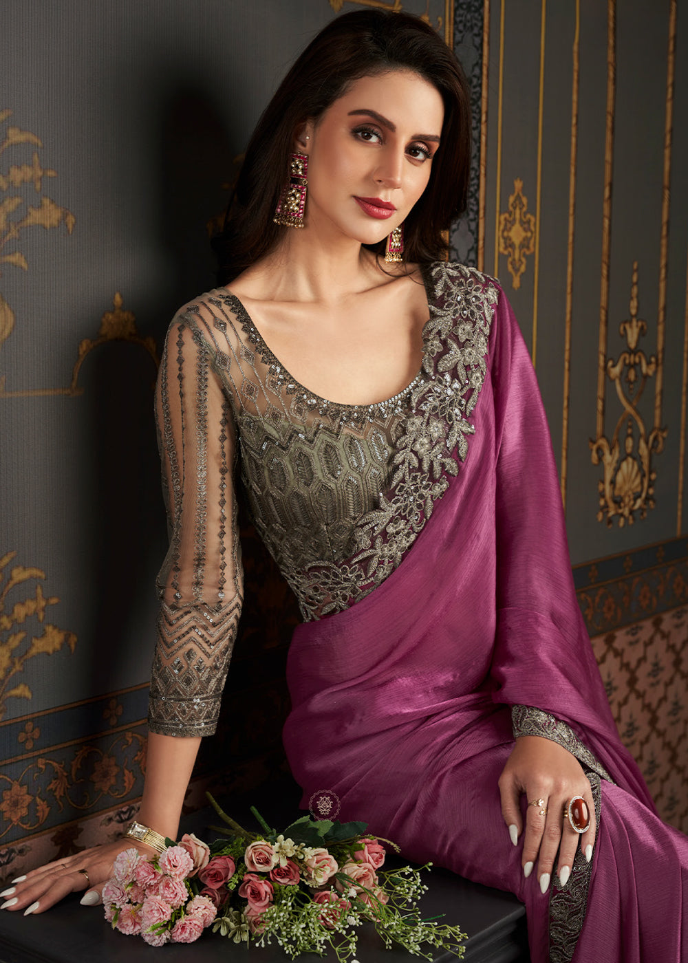 Pinkish Purple Designer Embroidered Chiffon Silk Saree - qivii