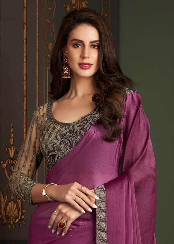Pinkish Purple Designer Embroidered Chiffon Silk Saree - qivii