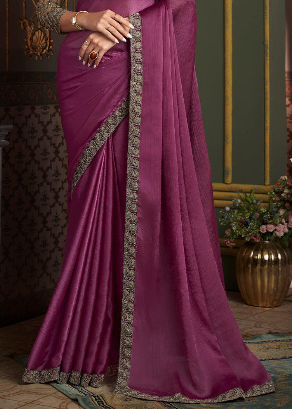 Pinkish Purple Designer Embroidered Chiffon Silk Saree - qivii