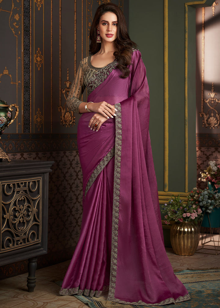 Pinkish Purple Designer Embroidered Chiffon Silk Saree - qivii