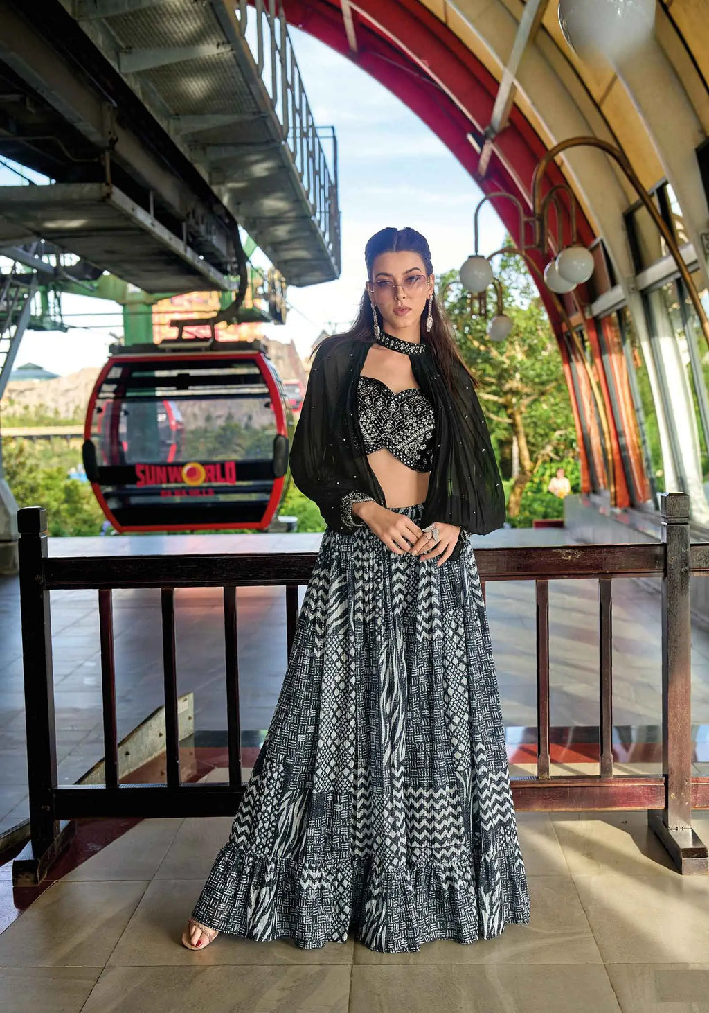 Designer Black And White Stylish Digital Print With Work Indo Western