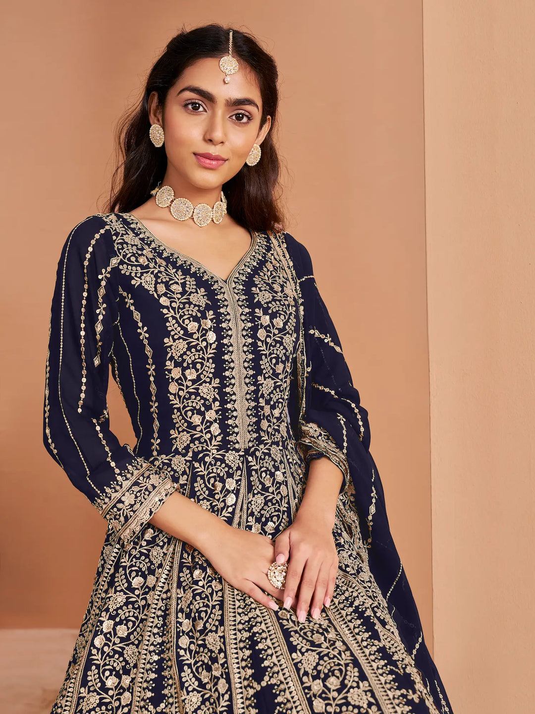 Navy Blue Georgette Gown With Sequence & Thread Embroidery Work - qivii