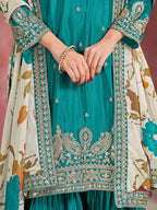 Teal Blue Chinon Silk Sharara Set with Embroidered Top & Taby Silk Dupatta