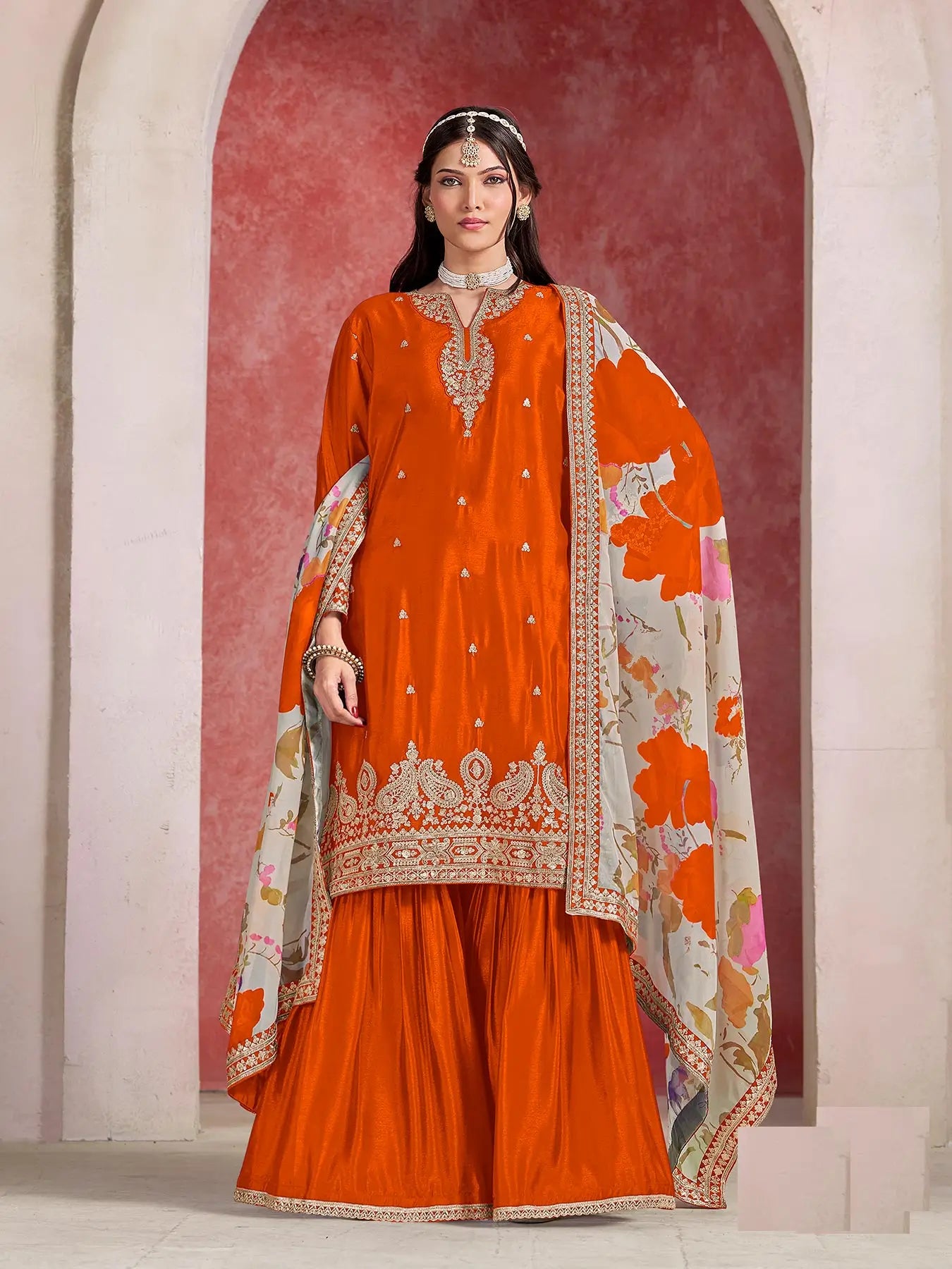 Orange Chinon Silk Sharara Set with Embroidered Top & Taby Silk Dupatta