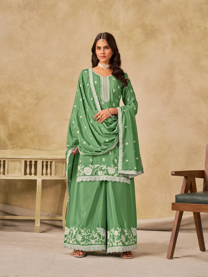 Pista Green Chinon Embroidery Work Palazzo Suit - qivii