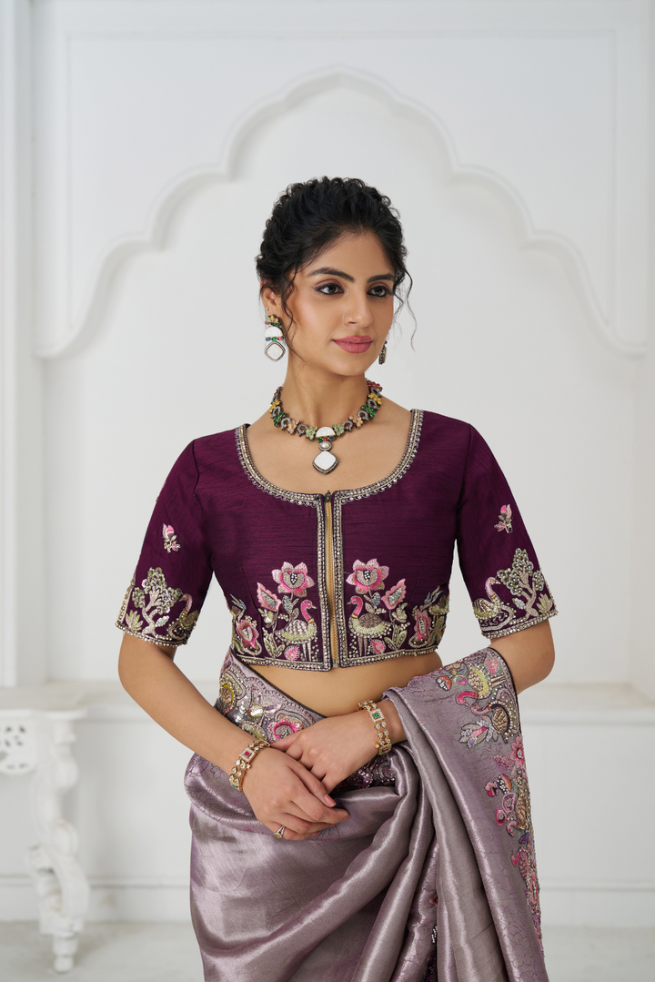 Stunning Mauve Color Saree With Multi-thread And Sequins Embroidery - qivii
