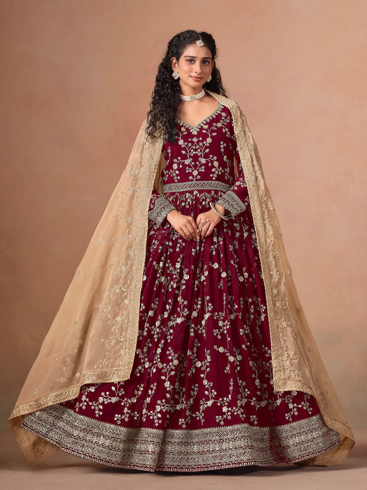Maroon Georgette Embroidery Gown With Organza Dupatta - qivii