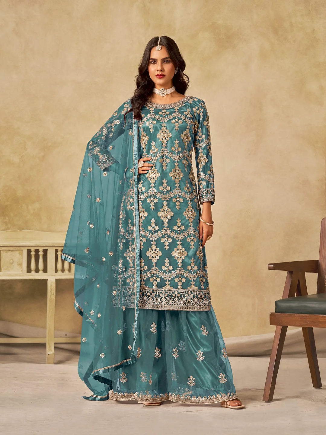 Dusty Teal Net Palazzo Suit With Sequins Embroidery - qivii