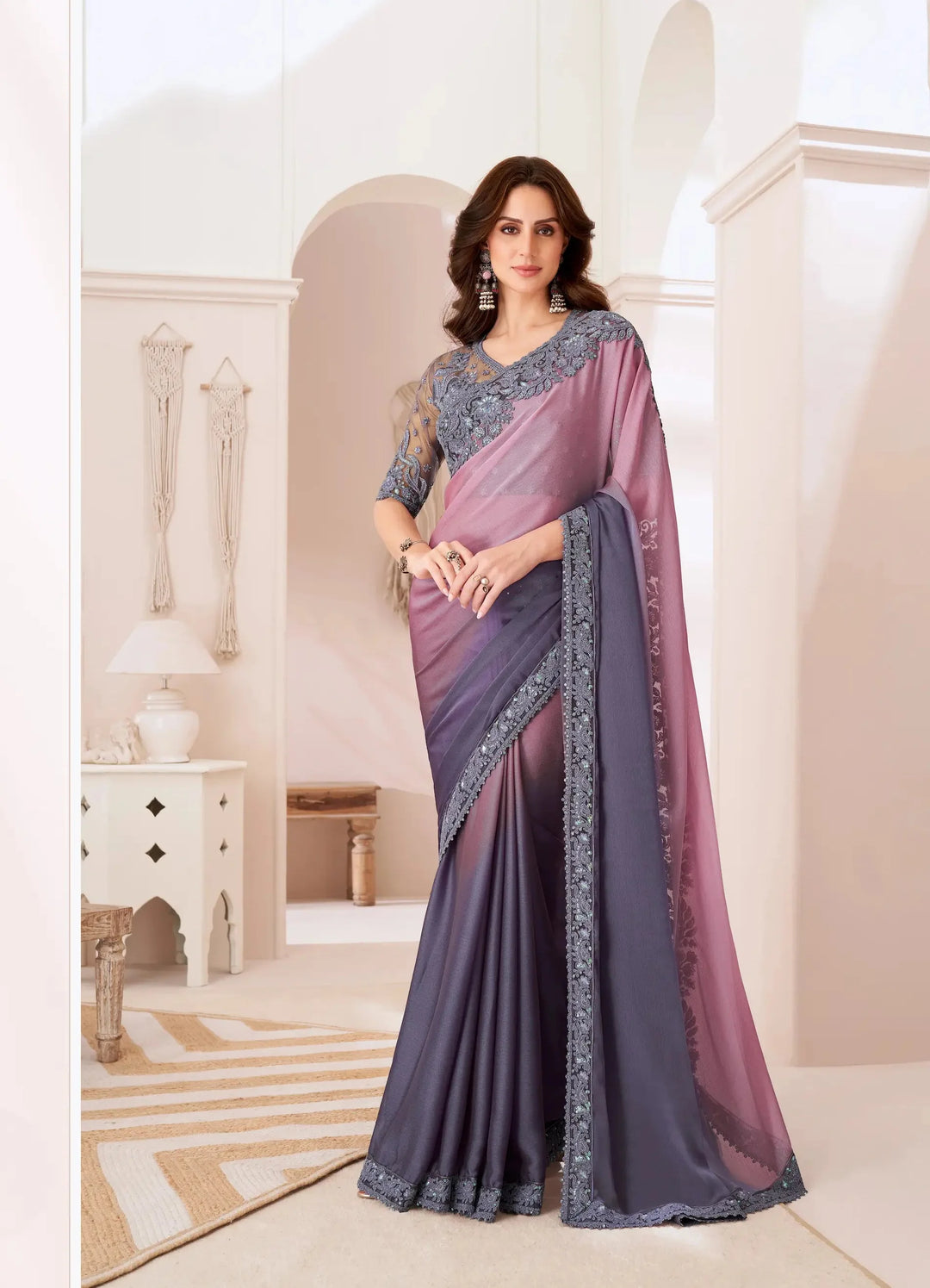 Dusty Shaded Chiffon Party Wear Saree With Sequence & Thread Embroidery Work - qivii
