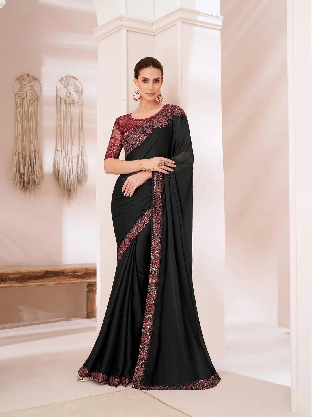 Black Chiffon Party Wear Saree With Sequence & Thread Embroidery Work - qivii