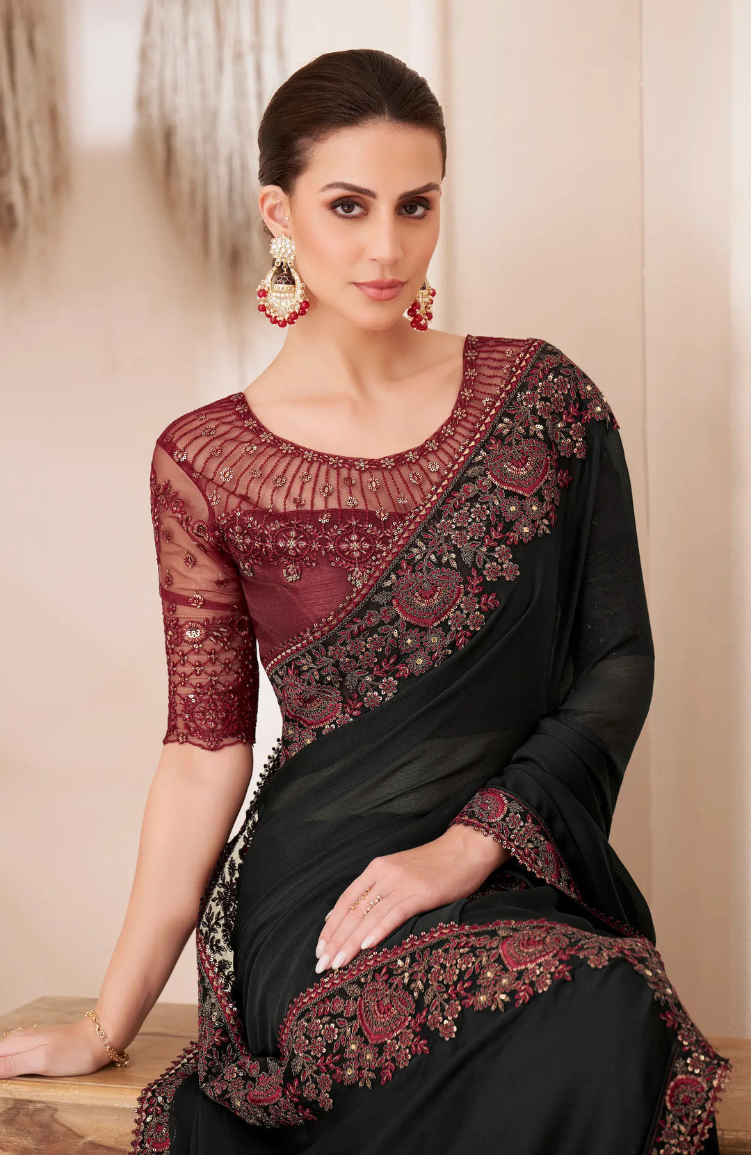 Black Chiffon Party Wear Saree With Sequence & Thread Embroidery Work - qivii