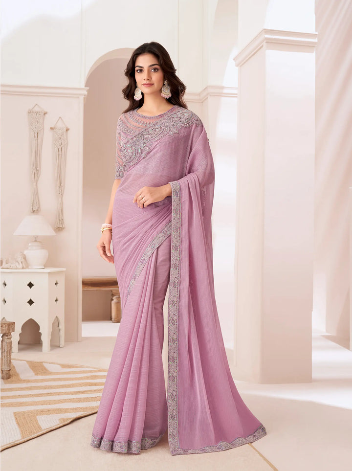 Blossom Pink Silver Chiffon Party Wear Saree With Sequence & Thread Embroidery Work - qivii
