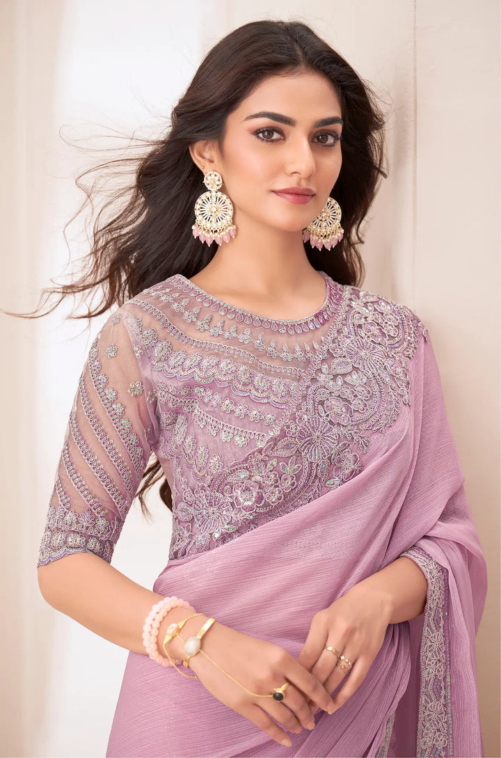 Blossom Pink Silver Chiffon Party Wear Saree With Sequence & Thread Embroidery Work - qivii