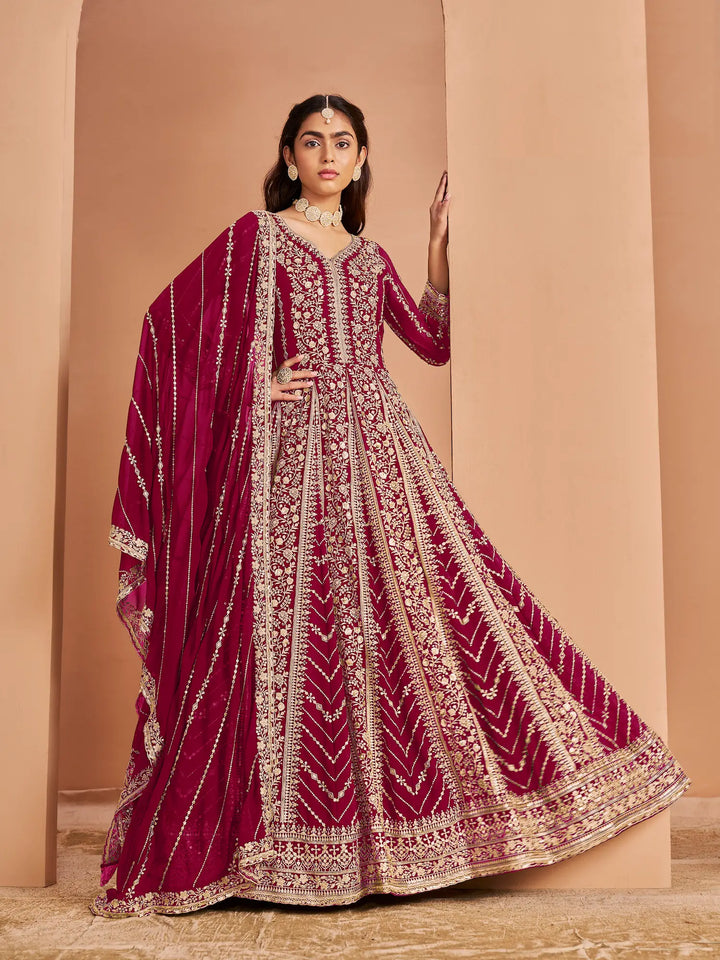 Dark Pink Georgette Gown With Sequence & Thread Embroidery Work - qivii