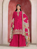 Red Chinon Silk Sharara Set with Embroidered Top & Taby Silk Dupatta