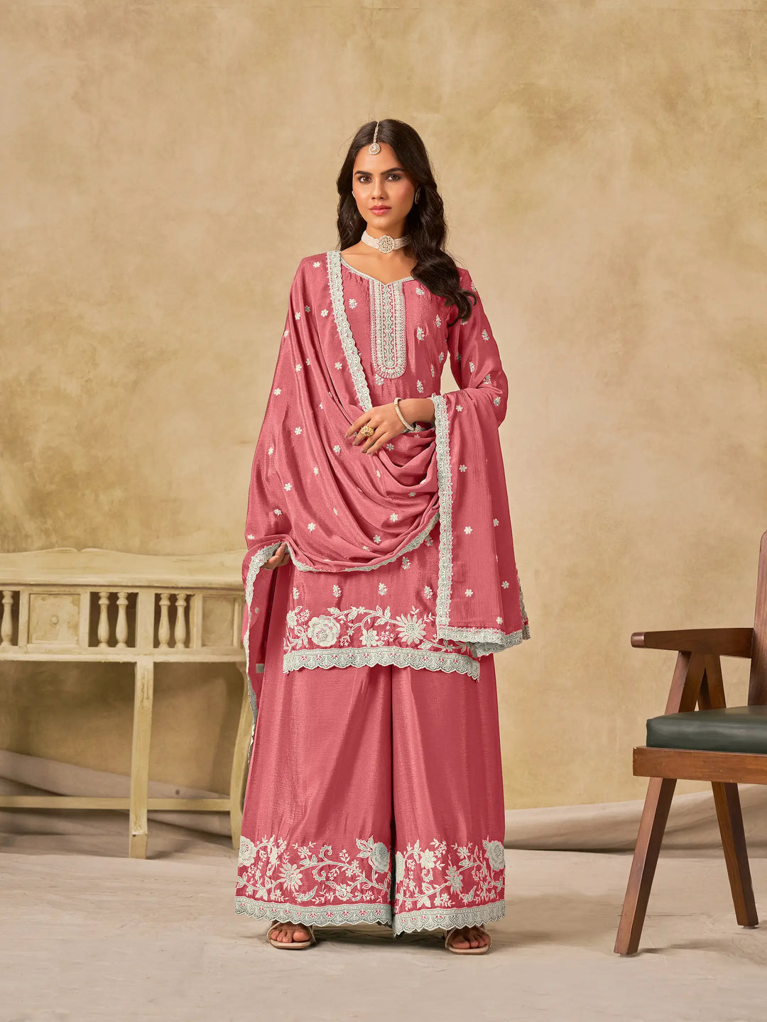 Peach Pink Chinon Embroidery Work Palazzo Suit - qivii