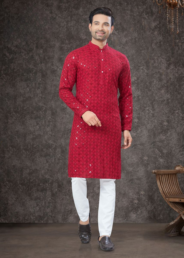 Red Rayon Sifly Cotton Kurta Set - qivii