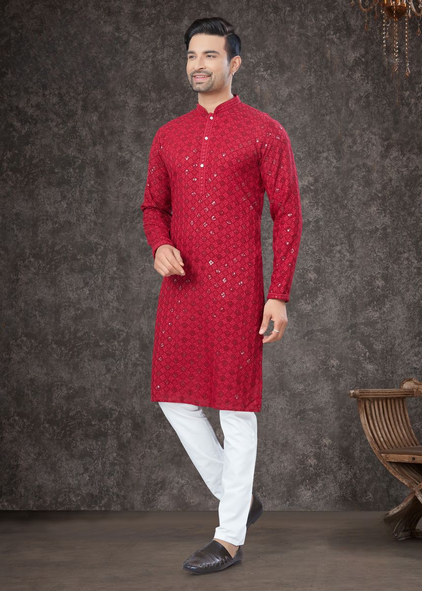 Red Rayon Sifly Cotton Kurta Set - qivii