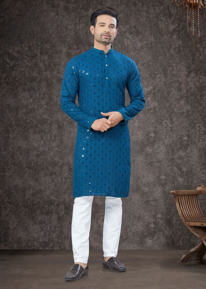 Blue Rayon Sifly Cotton Kurta Set - qivii