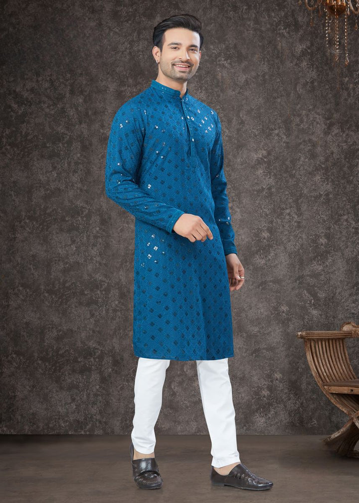 Blue Rayon Sifly Cotton Kurta Set - qivii