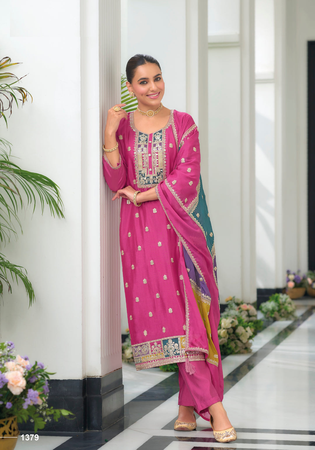 Pink hevey Chinon with  emboidery work Salwar Suit - qivii