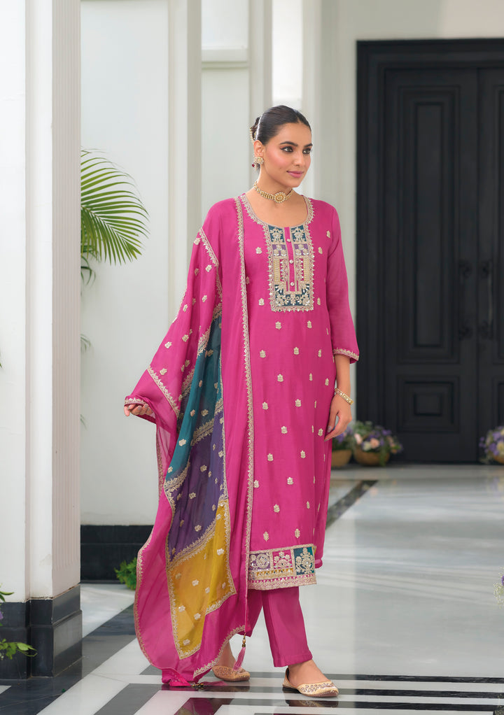 Pink hevey Chinon with  emboidery work Salwar Suit - qivii
