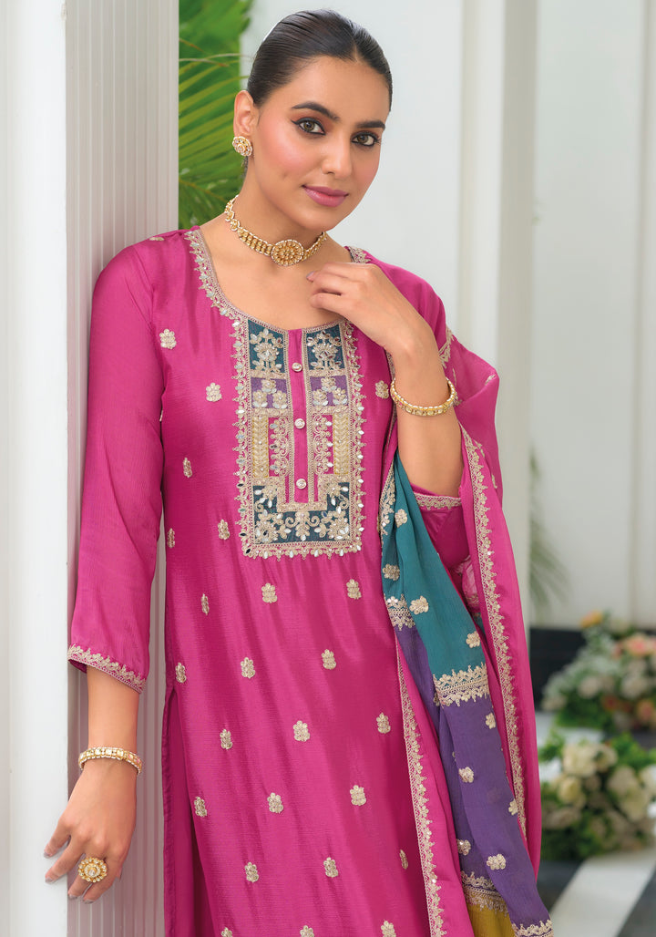 Pink hevey Chinon with  emboidery work Salwar Suit - qivii