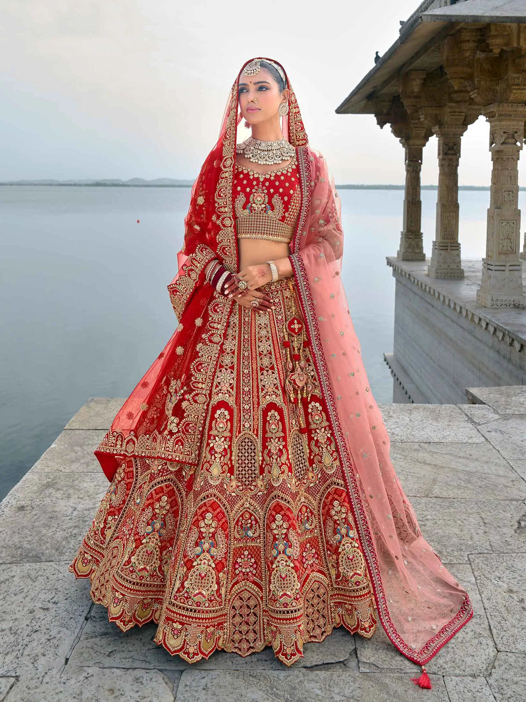 Red Designer Bridal Lehenga With Heavy Embroidery & 2 Dupatta - qivii