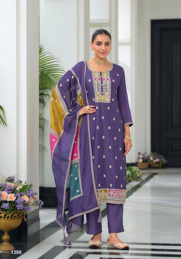 Dusty Purple  hevey Chinon with  emboidery work Salwar Suit - qivii