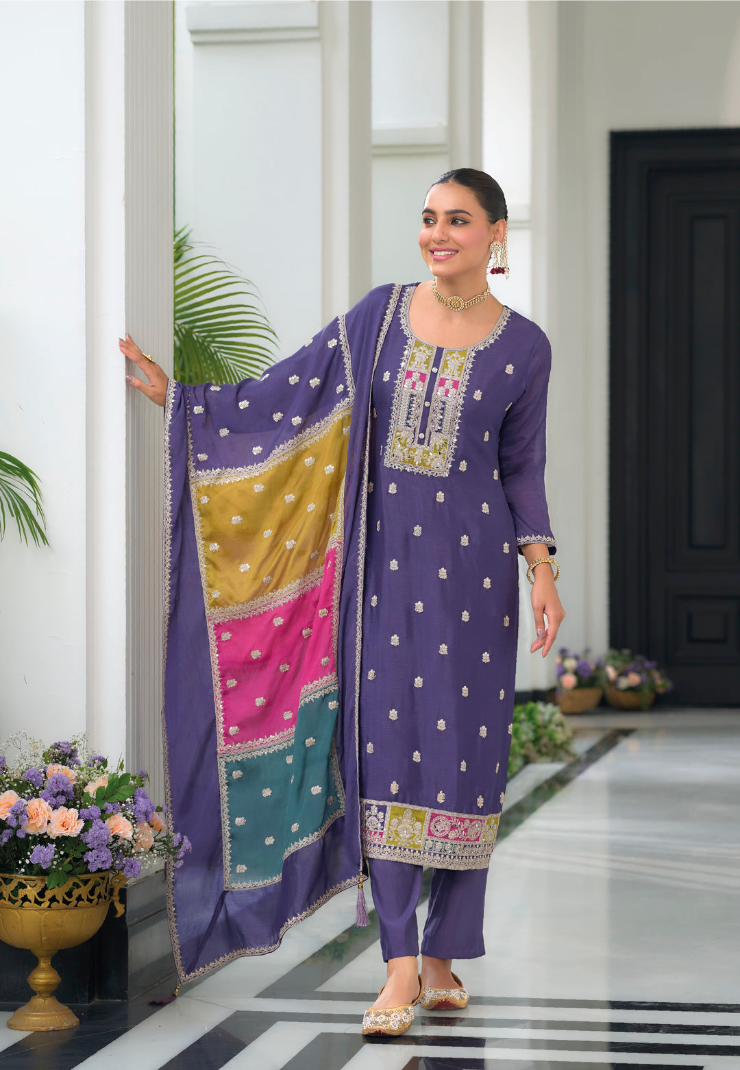 Dusty Purple  hevey Chinon with  emboidery work Salwar Suit - qivii