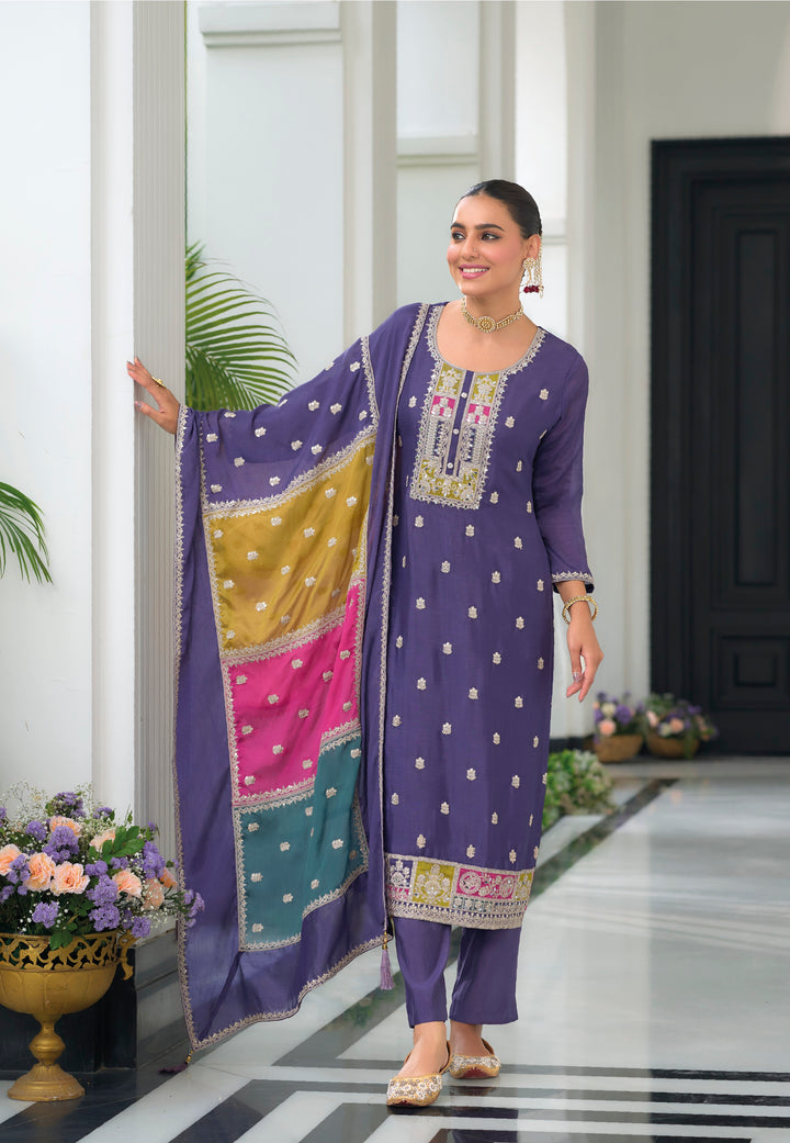 Dusty Purple  hevey Chinon with  emboidery work Salwar Suit - qivii