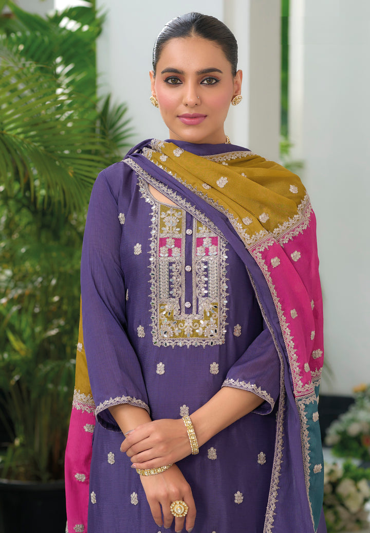 Dusty Purple  hevey Chinon with  emboidery work Salwar Suit - qivii