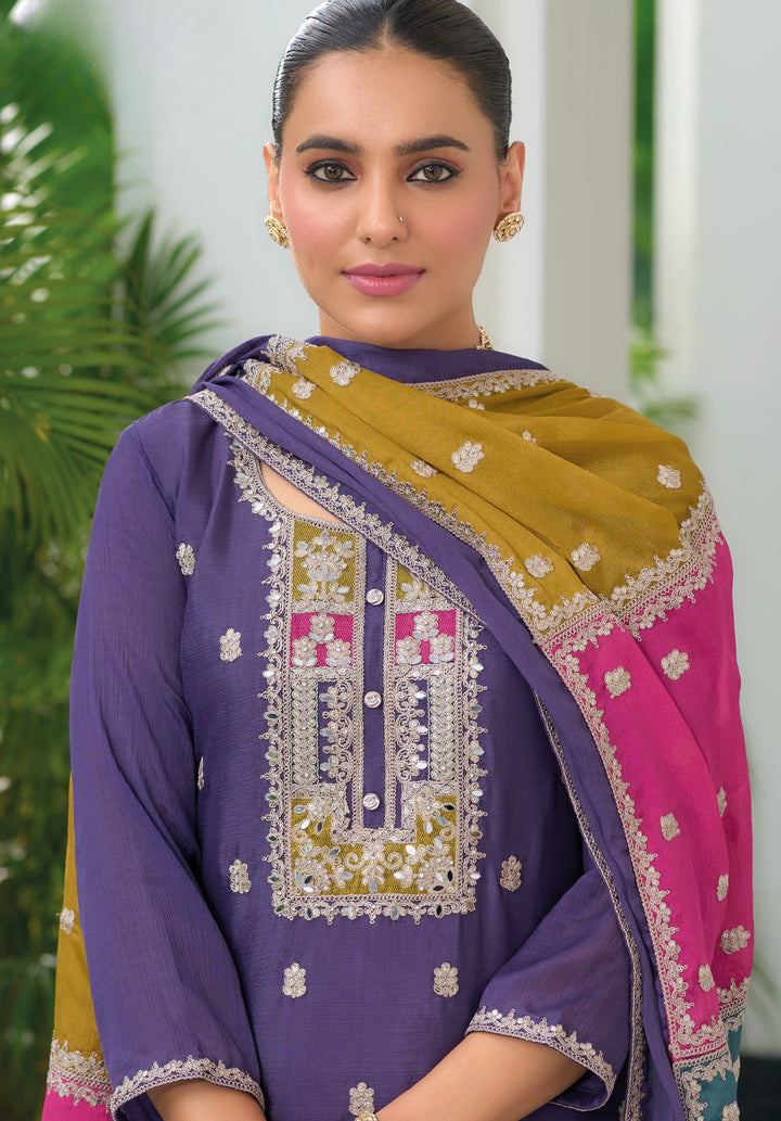 Dusty Purple  hevey Chinon with  emboidery work Salwar Suit - qivii