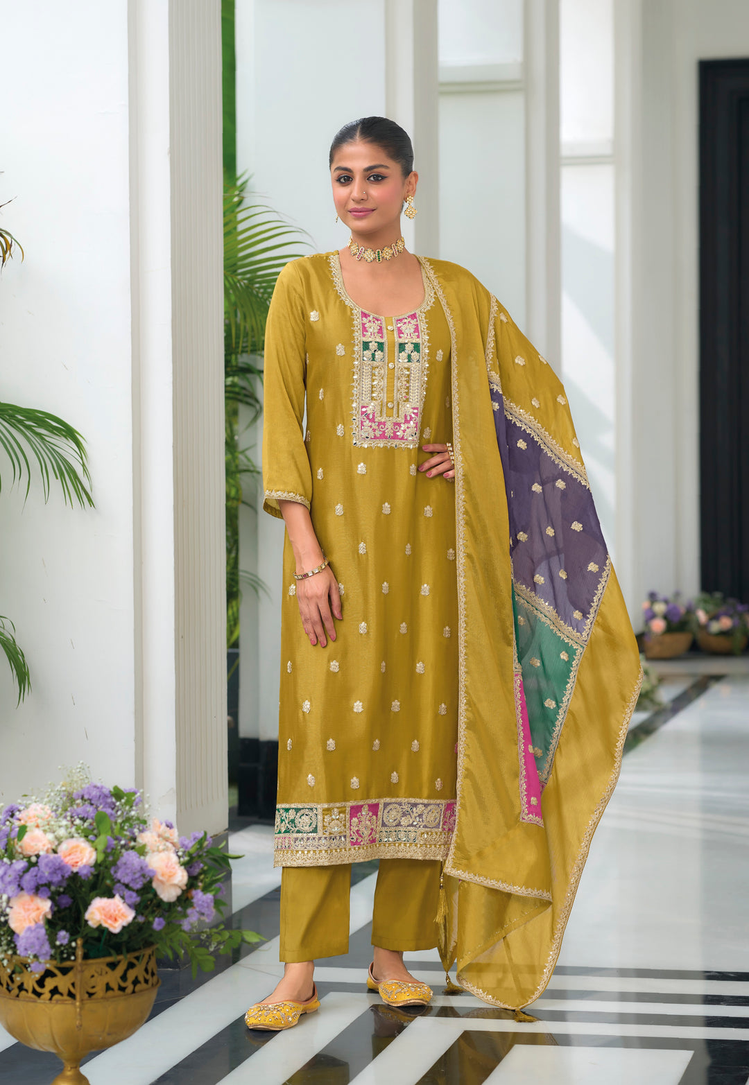 Yellow  hevey Chinon with  emboidery work Salwar Suit - qivii