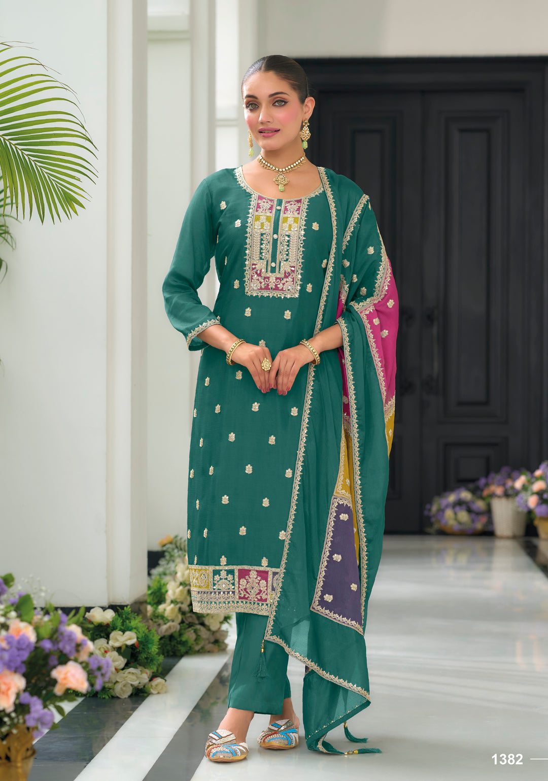 Green hevey Chinon with  emboidery work Salwar Suit - qivii