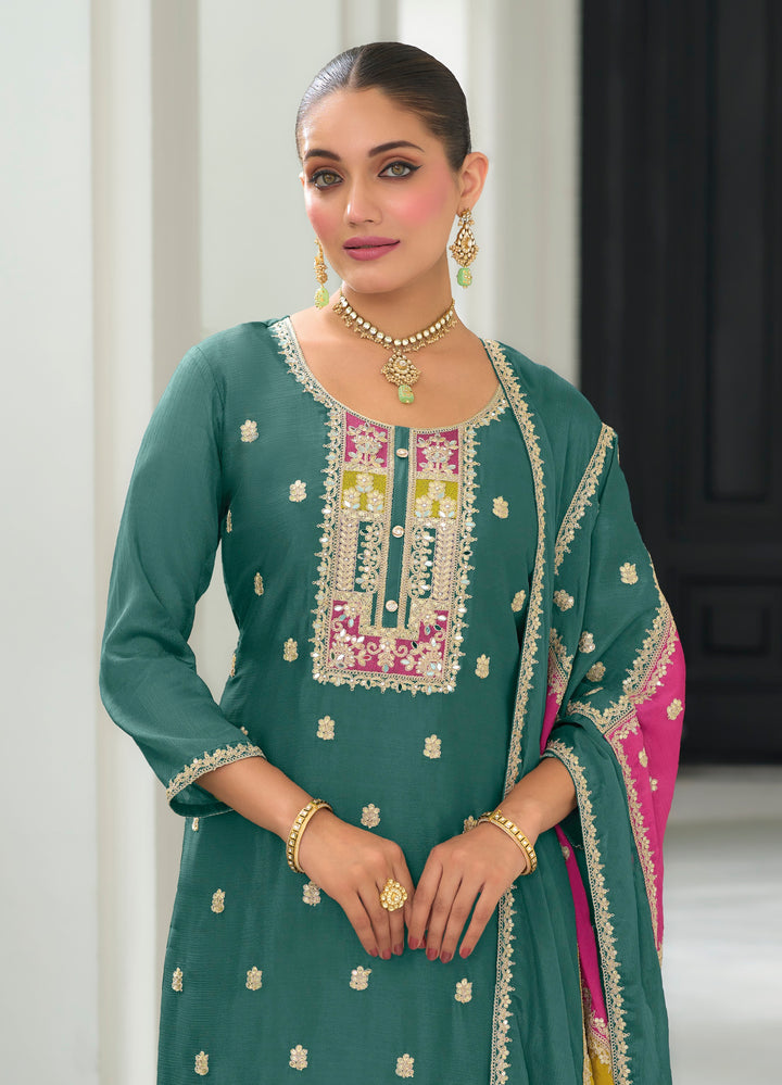 Green hevey Chinon with  emboidery work Salwar Suit - qivii
