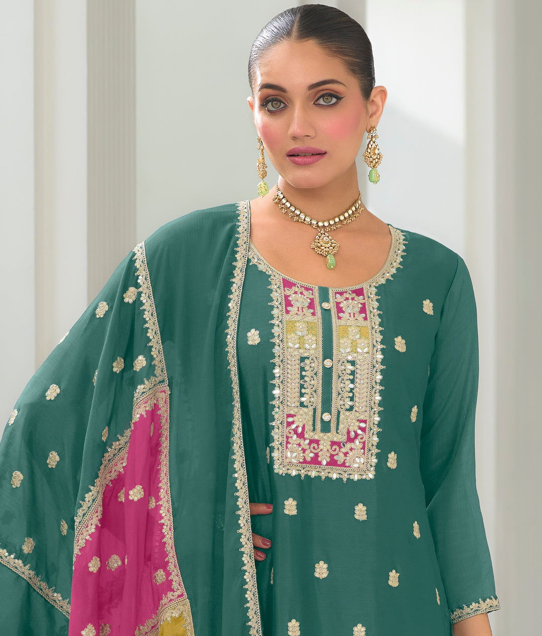 Green hevey Chinon with  emboidery work Salwar Suit - qivii