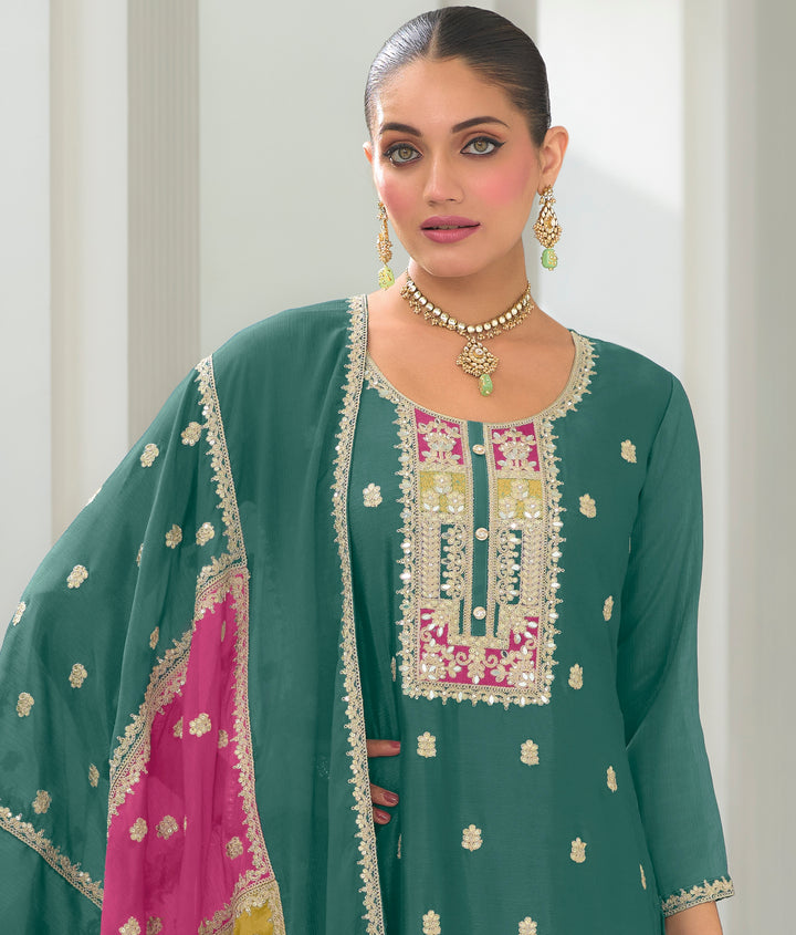 Green hevey Chinon with  emboidery work Salwar Suit - qivii