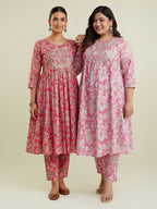 Janasya Women's Plus Size Pink Pure Cotton Yoke Embroidered Floral Printed A-line Kurta Set