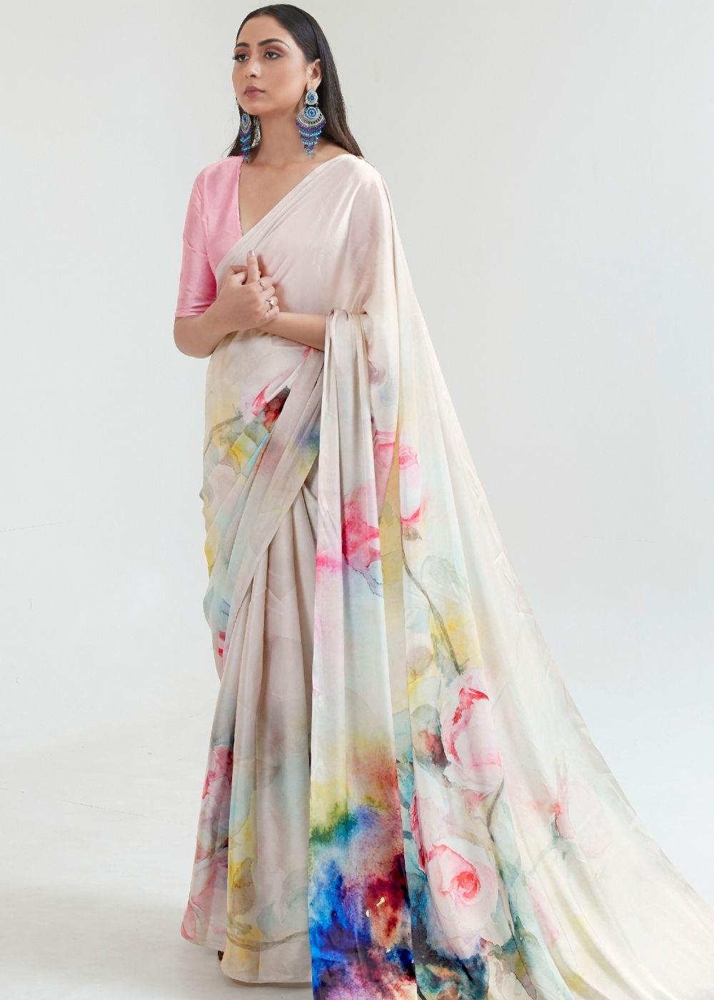 Ivory White Satin Silk Digital Printed Saree : Top Pick - qivii