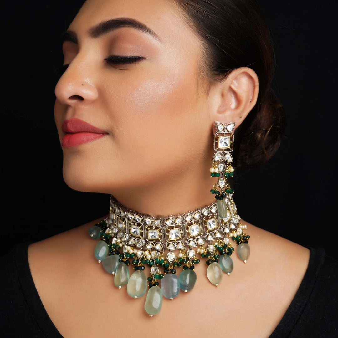Beautiful Bushra Mint Green Rhodium Plated Victorian Necklace Set for Women