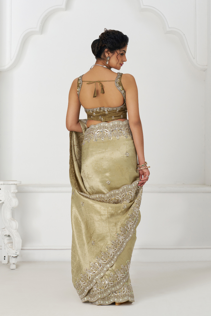 Champagne Color Pure Dola Silk Saree With Sequins And Beads Embroidery For Wedding - qivii