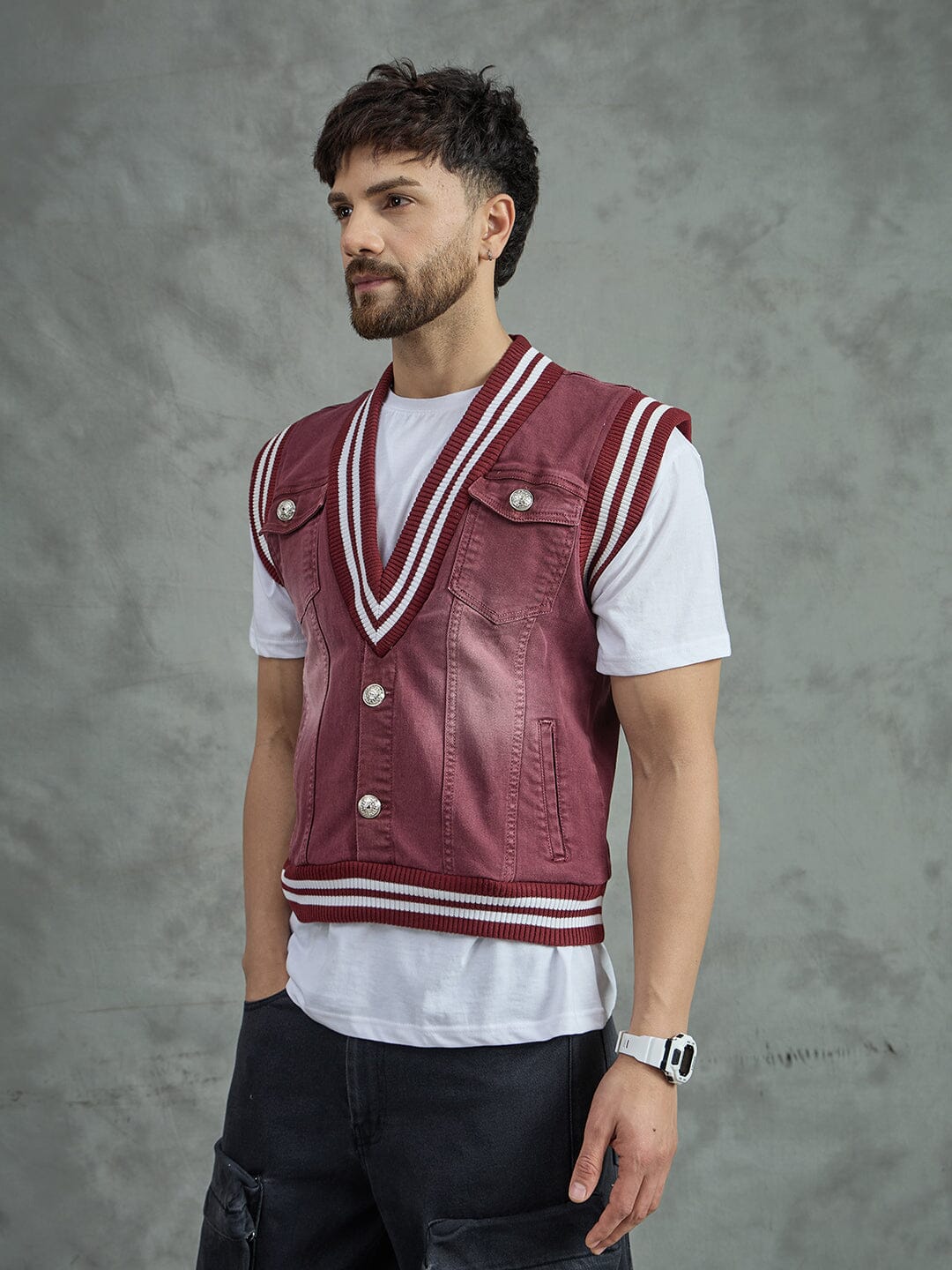 Maroon Tactical Denim Sleeveless Jacket