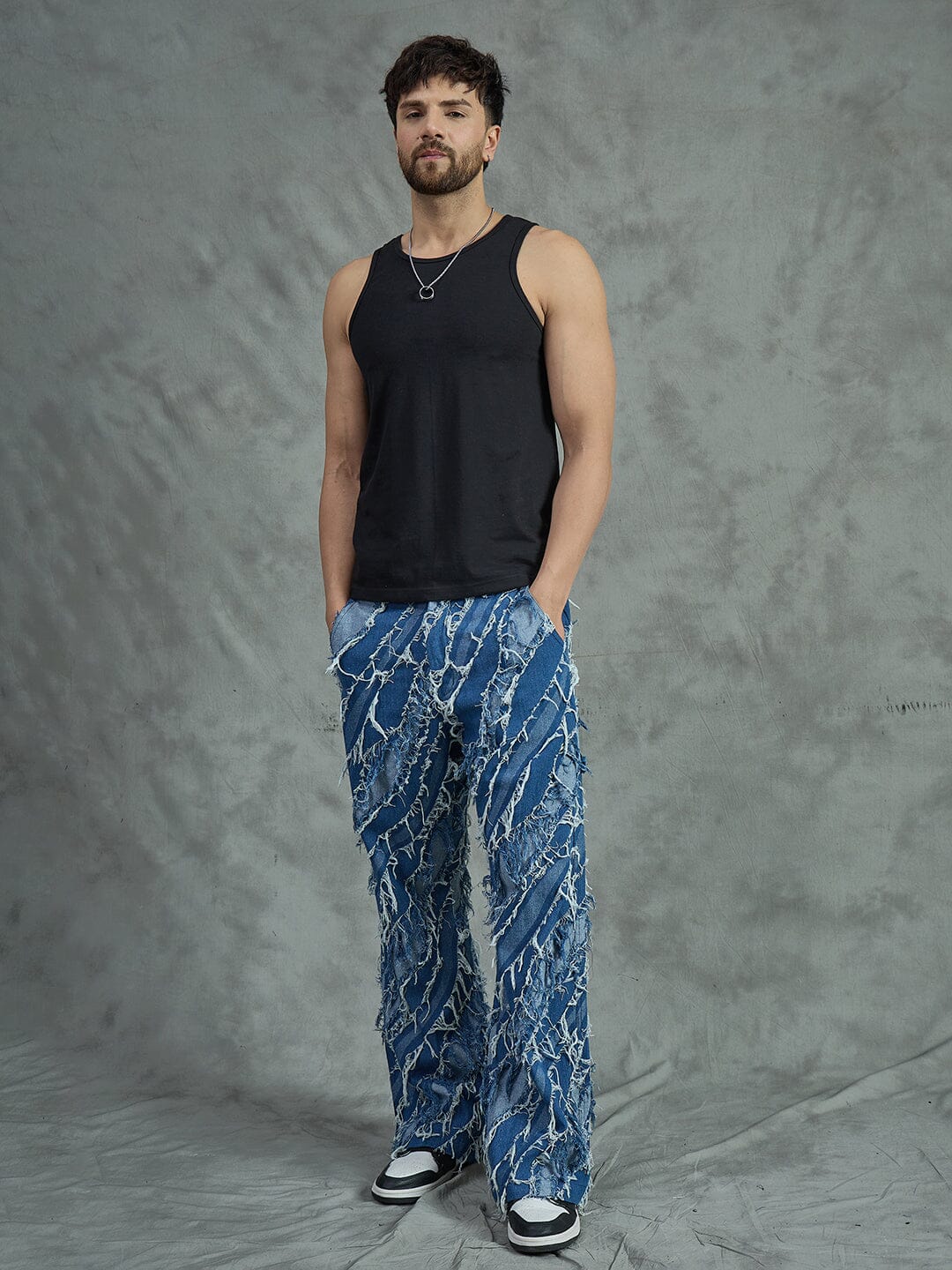 Indigo Heavy Damaged Flared Denim