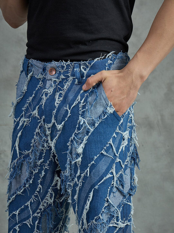 Indigo Heavy Damaged Flared Denim