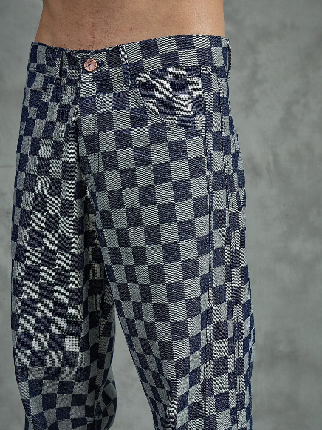 Indigo Checkered Baggy Japanese Cropped Denim