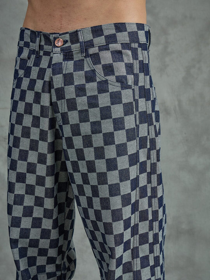 Indigo Checkered Baggy Japanese Cropped Denim
