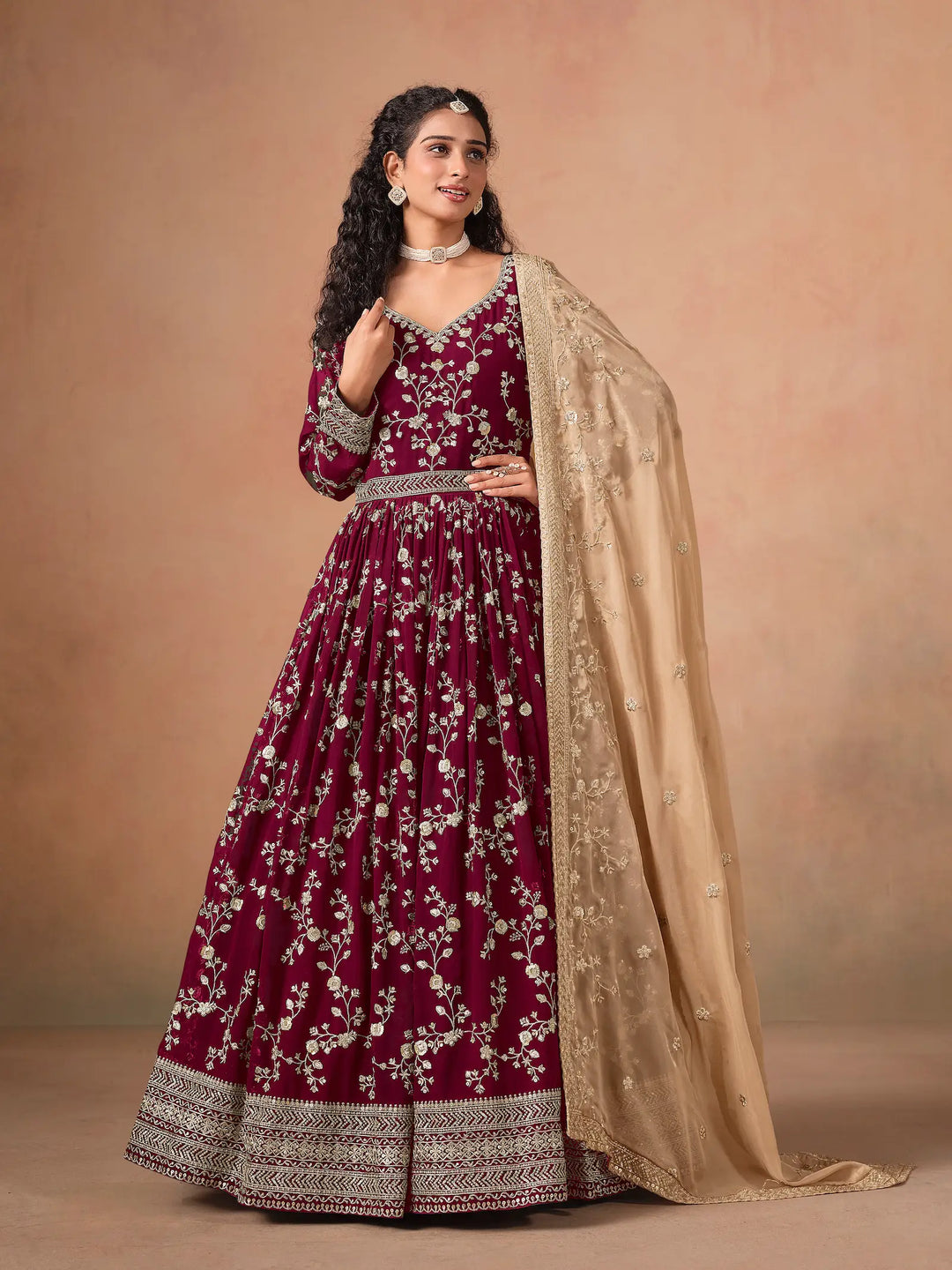 Maroon Georgette Embroidery Gown With Organza Dupatta - qivii