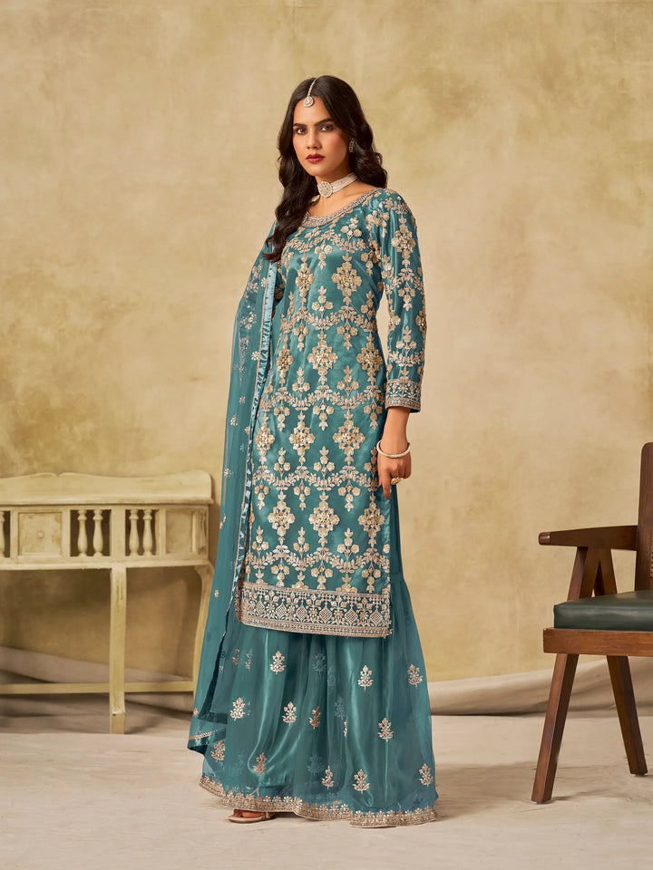 Dusty Teal Net Palazzo Suit With Sequins Embroidery - qivii