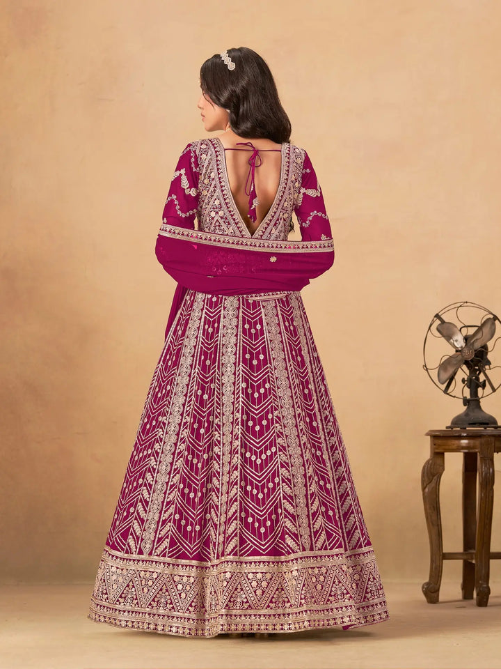 Dark Fuchsia Georgette Embroidery Work Gown